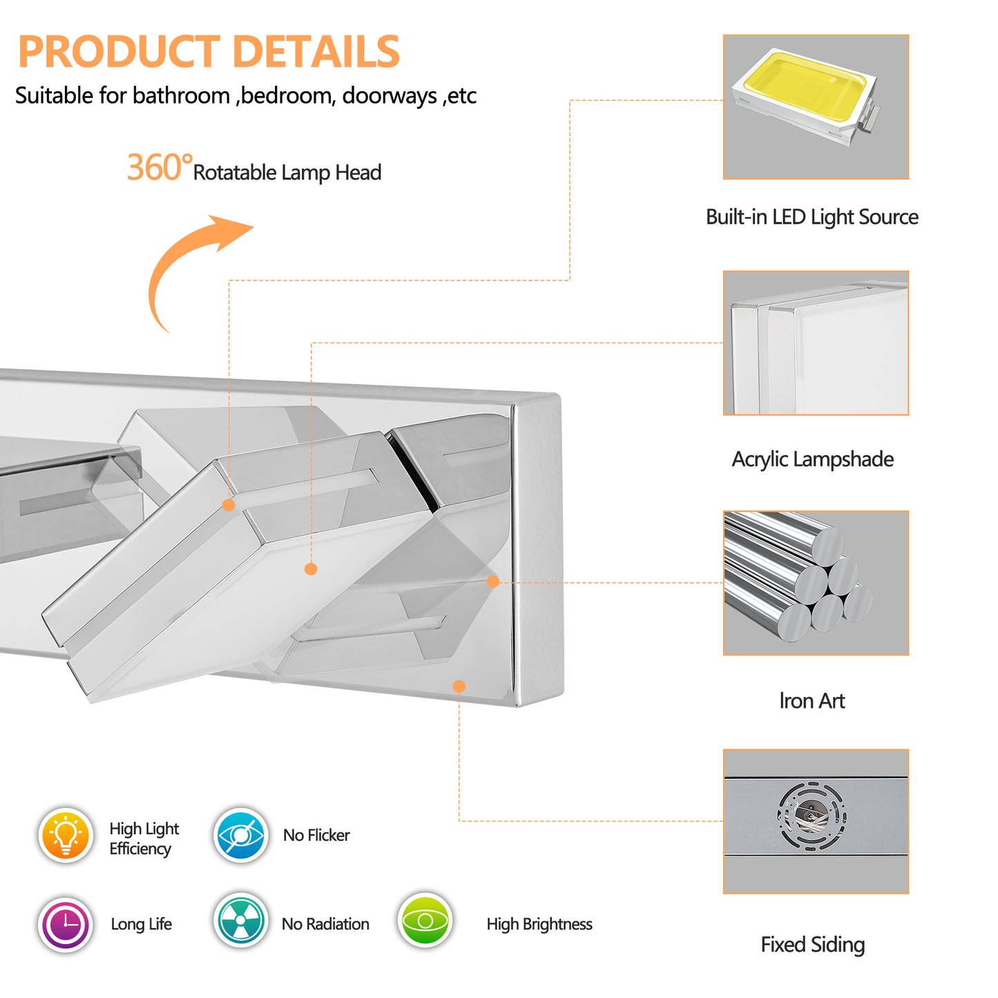 Modern Chrome LED Vanity Light, 8-Lights Wall Sconce For Bathroom And Mirror, Sleek Minimalist Design, Energy-Efficient, Easy To Install