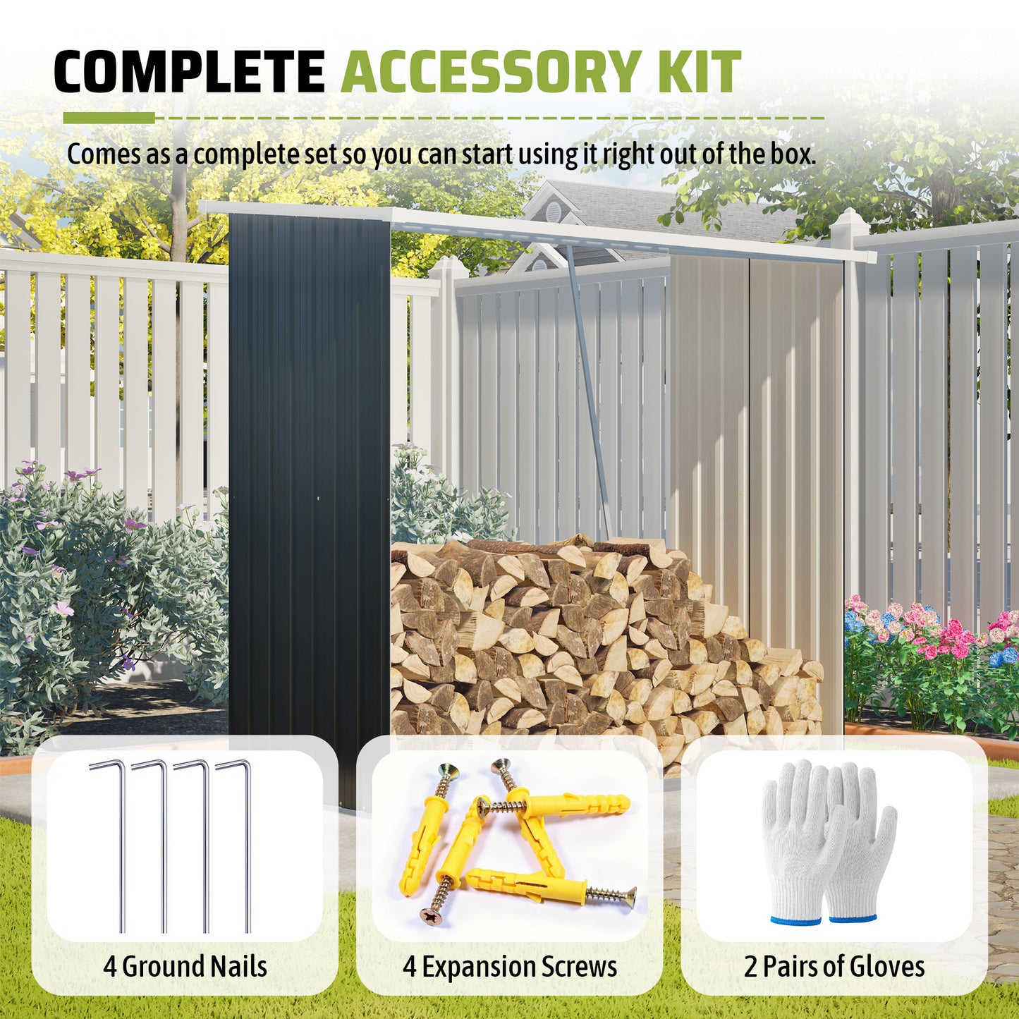 Outdoor Metal Storage Shed - 62 Cu. Ft. Firewood Rack & Patio Organizer With Sloped Roof, Weatherproof For Firewood, Lawn Mower & Yard Tools