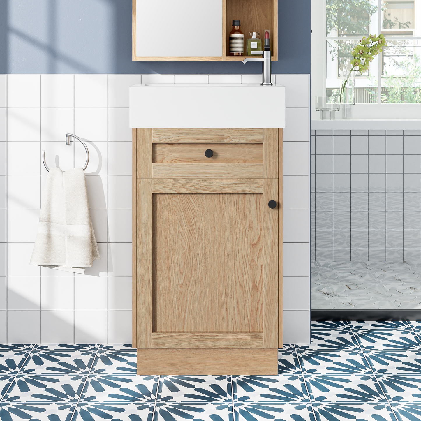 18.5  Bathroom Vanity With Reversible Resin Sink, MDF Cabinet With Adjustable Shelf And Elegant Zinc Alloy Handles, Wood Grain Melamine Finish, Reversible Door, Rustic Style For Small Spaces