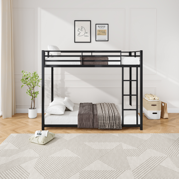 Twin Over Twin Metal Bunk Bed, Low Bunk Bed With Ladder, Bed Frame,Black, Sturdy Steel Construction, Safe Design, Easy Assembly, 250lb Upper Bed Capacity, 350lb Lower Bed Capacity