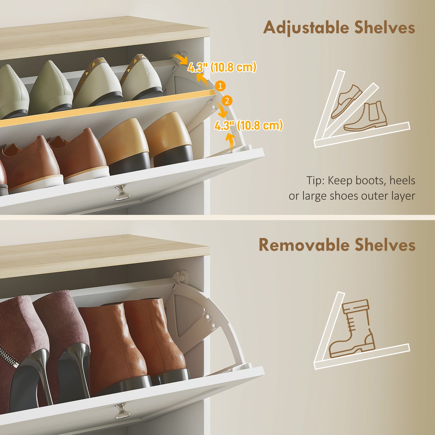 Modern Shoe Storage Cabinet With 3 Flip Drawers And Adjustable Shelves For 12-18 Pairs Of Shoes, White