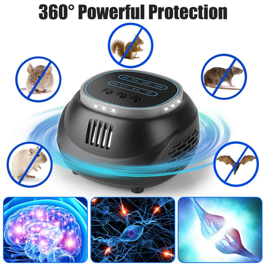 Ultrasonic Rodent Chaser Rat Repellent Pest Driver Mouse Control Squirrel Repeller With 4 Modes 4-65KHz Strobe Light 4 Timer 1292sq.ft. Coverage For Rodent Mouse Rats Squirrels Bats GPCT5491