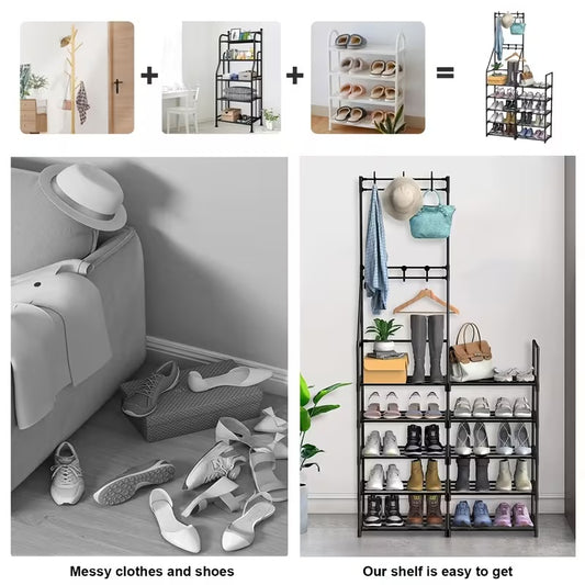 Sturdy Double-Row Coat Shoe Rack All-in-One Combo, Free-Standing Multifunctional Entryway Organizer For Bedroom, Living Room, Foyer And Mudroom