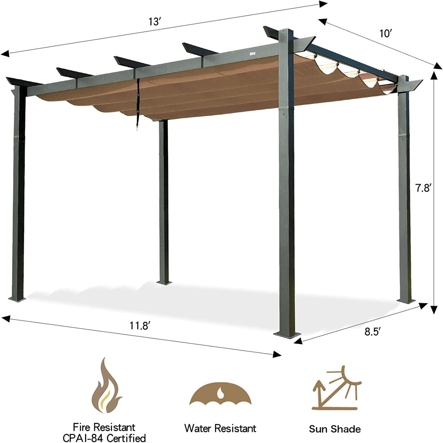 Aluminum Retractable Pergola With Sun Shade Patio Gazebo With Weather-Resistant Canopy For  Deck Garden Grape Trellis Outdoor Pergola, Beige