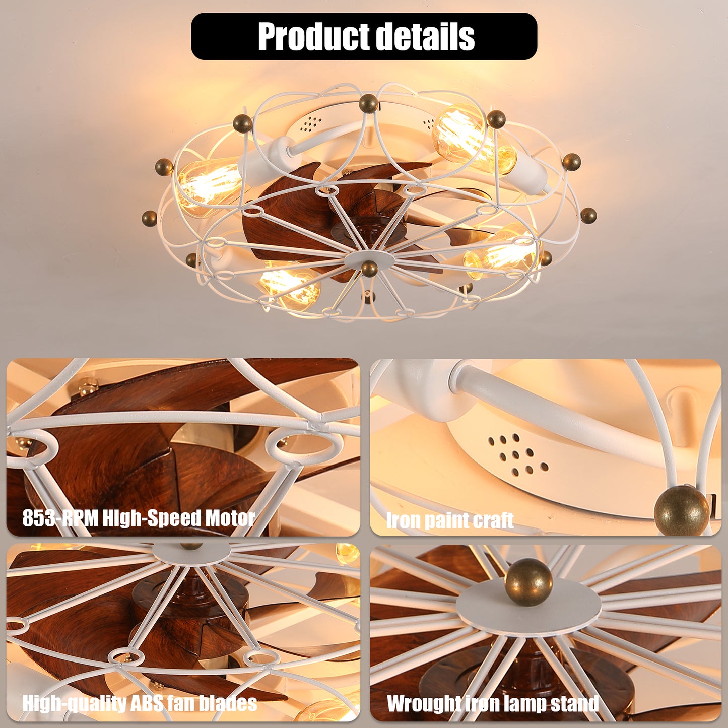 Low Profile Caged Ceiling Fan With Lights Remote Control, Embedded Modern Industrial Ceiling Fan