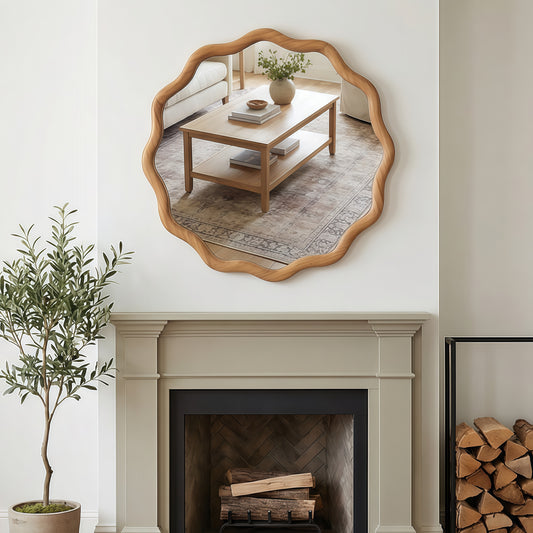 Oak Color 24 Inch Wavy Round Solid Wood Frame Decorative Mirror,For Bedroom, Bathroom, Living Room, Entryway