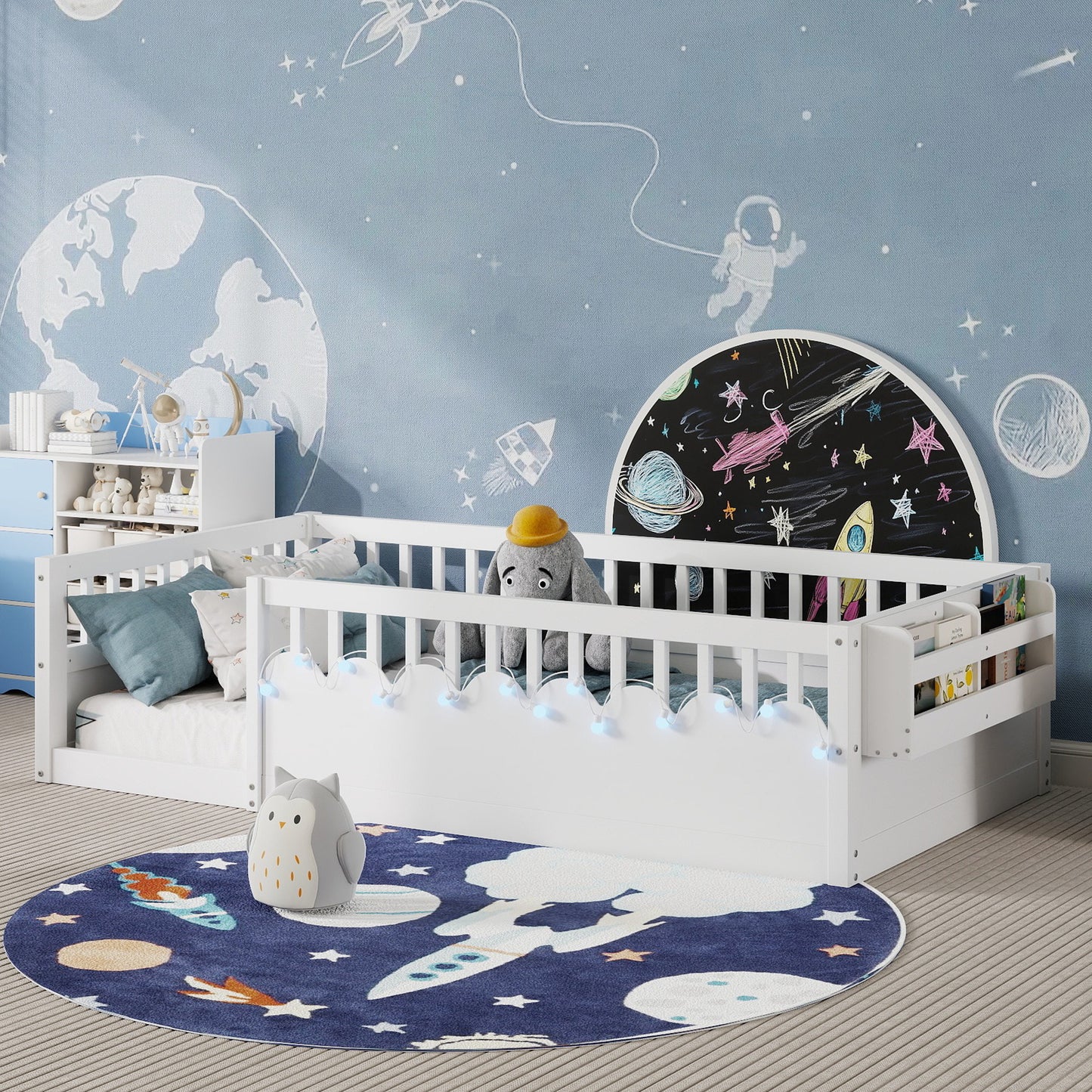 Twin Montessori Floor Bed Frame With High Rails, Wood Kids Floor Beds With Light And Storage Shelf, White Expect Arrival Date 2025 8 15