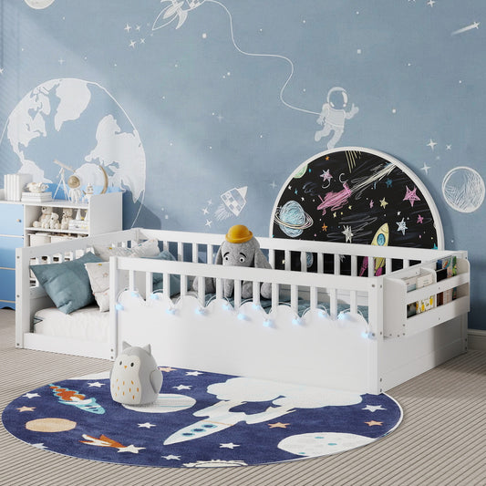 Twin Montessori Floor Bed Frame With High Rails, Wood Kids Floor Beds With Light And Storage Shelf, White Expect Arrival Date 2025 8 15