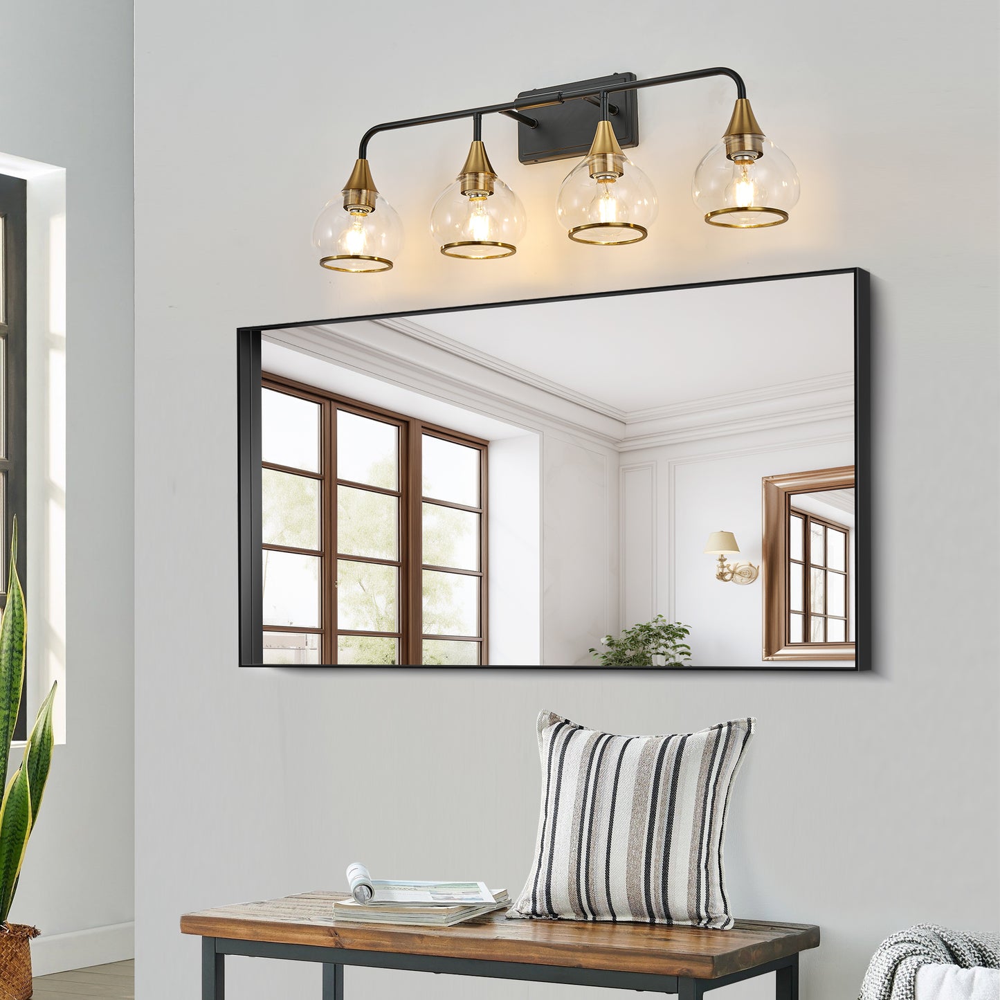 31  Modern 4-Light Vanity Wall Sconce - Black And Gold Bathroom Light Fixture With Clear Glass Shades, Industrial Wall Mounted Lamp For Mirror, Vanity, And Living Spaces Bulb Not Included