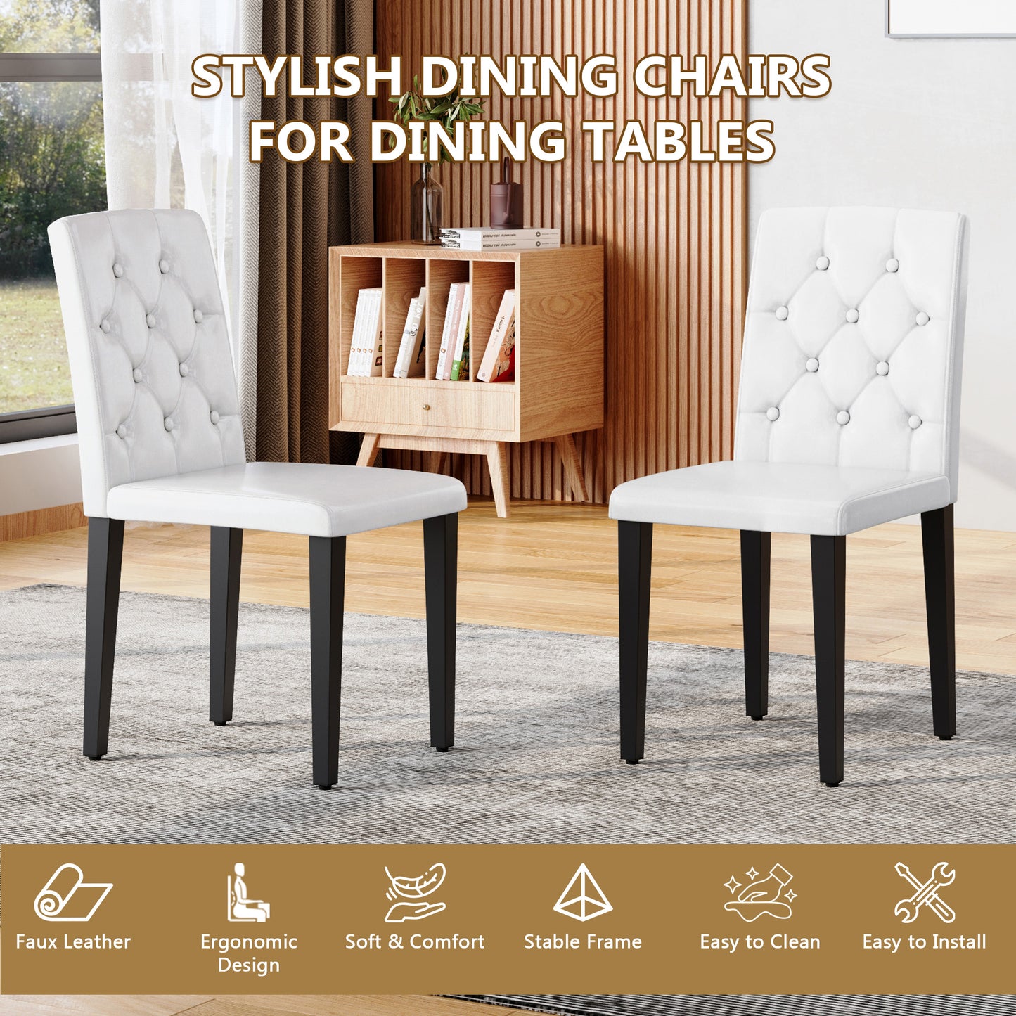 4-pack White PU Dining Chairs Ergonomic Buckle Backrest, 35 Inches High, Black Metal Legs,Combines Comfort And Texture.Perfectly Suitable For Family Dining Rooms, Hotel Banquet Halls,etc.W1151P295718