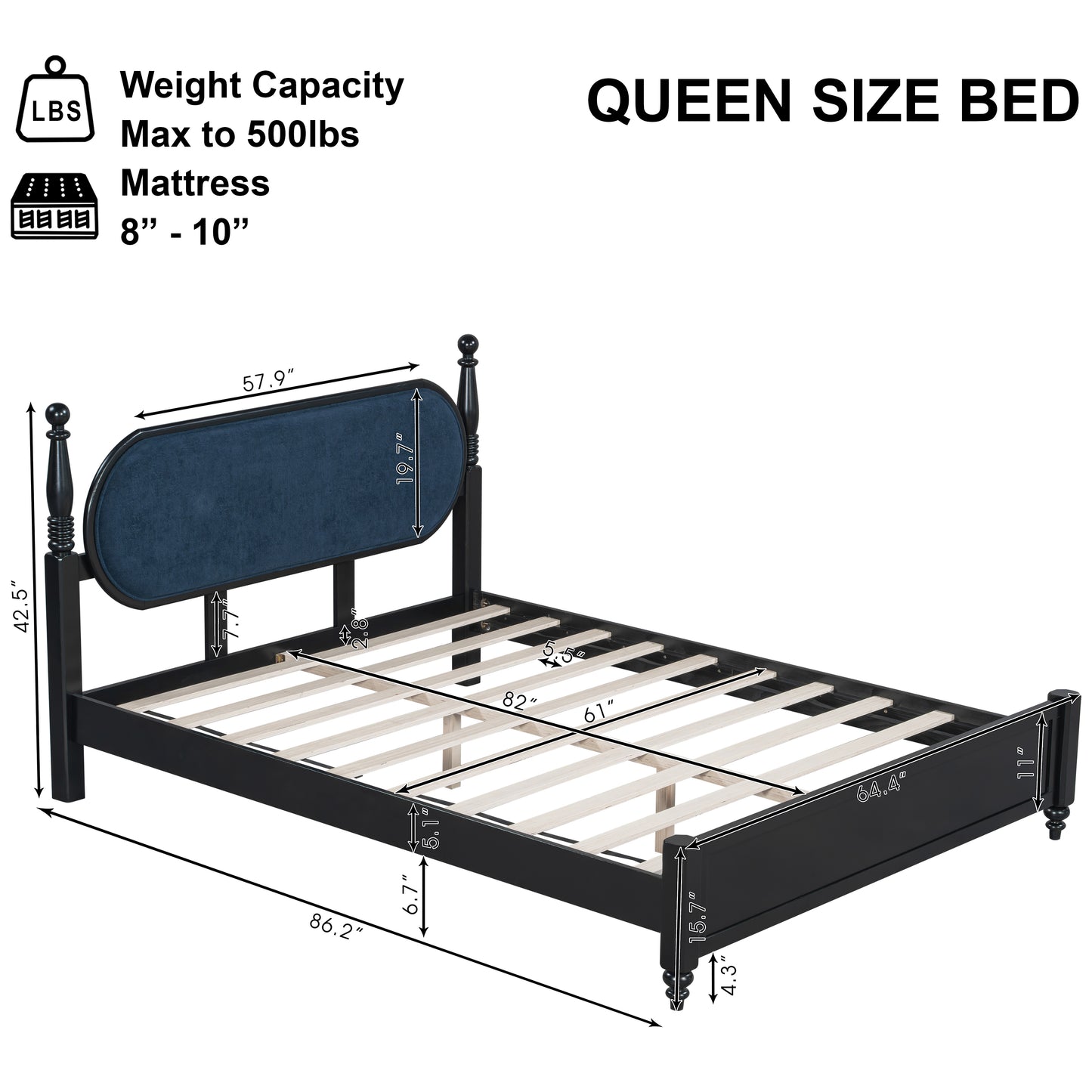 Queen Bed Frame, Solid Wood Platform With Slats, Navy Blue & Black Upholstered Headboard, Modern No Box Spring Needed