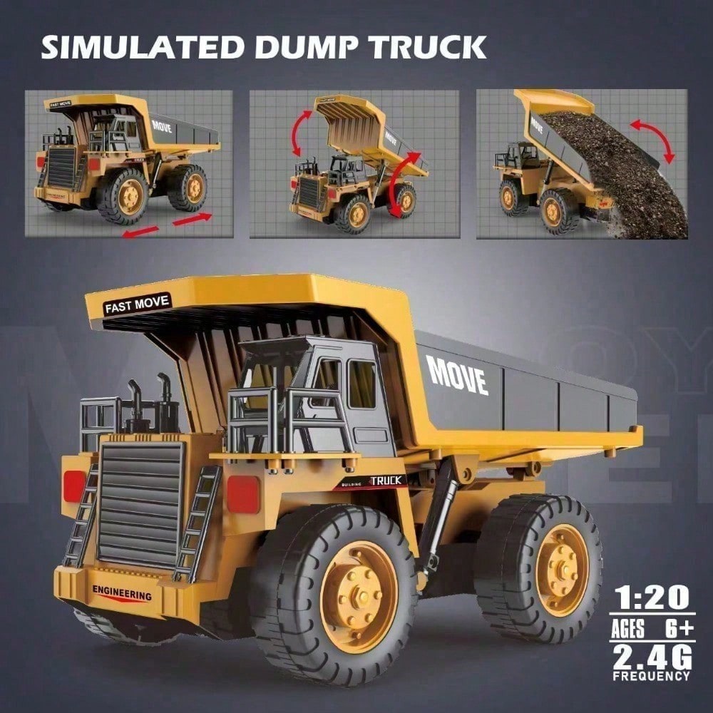 1 20 Premium 2.4G RC Alloy Dump Truck With 13 Channels, Lights, Sounds, And Rechargeable Battery, A Fun Parent Child Activity For Boys, Kids, And Families.