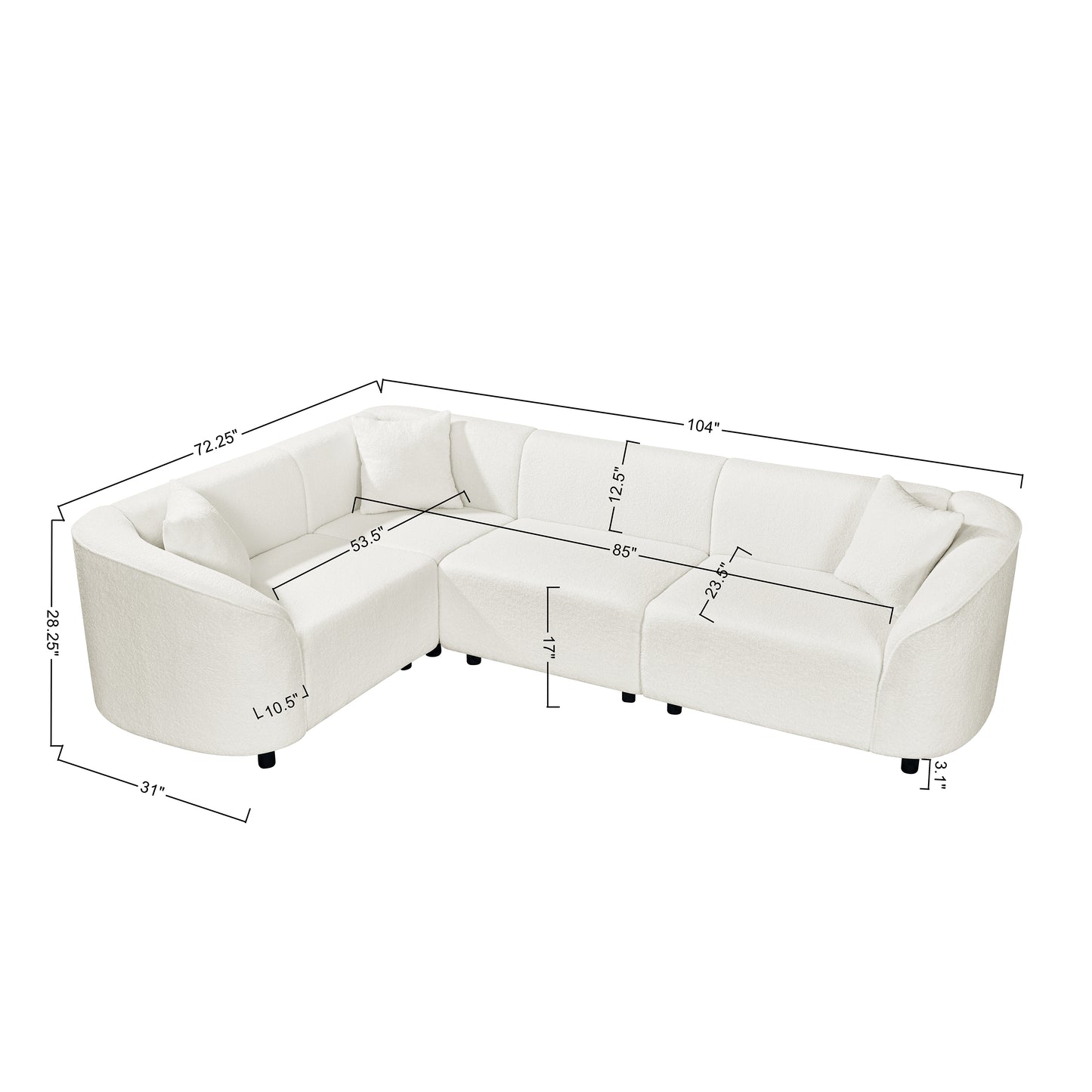 104  L-Shaped Curved Contemporary Sectional Sofa In Beige Plush 4-Seater, Sculptural Design & Premium Boucle Upholstery  Modern Luxury For Spacious Living