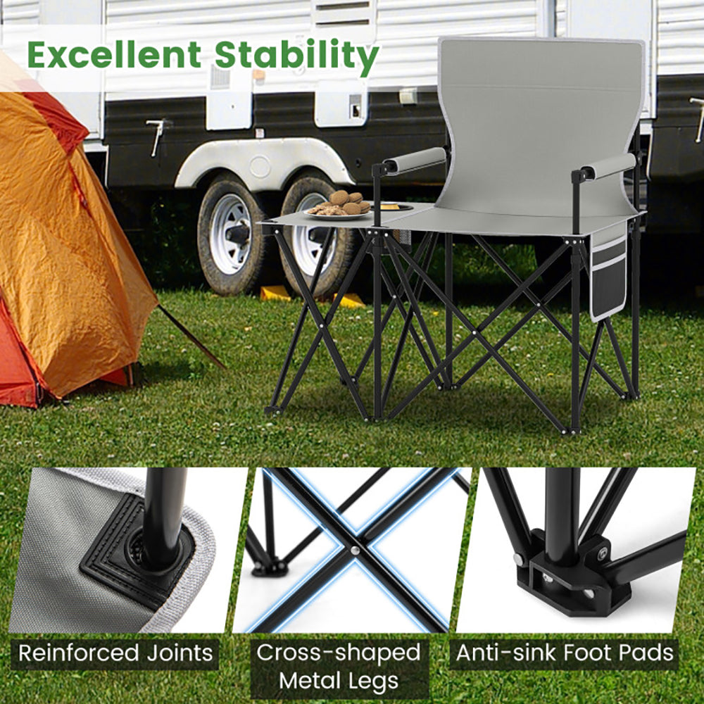 Oversized Camping Chair With Side Table And 2 Storage Pockets PU Coated Oxford Cloth For Camping, RV Trip Or Family Travel