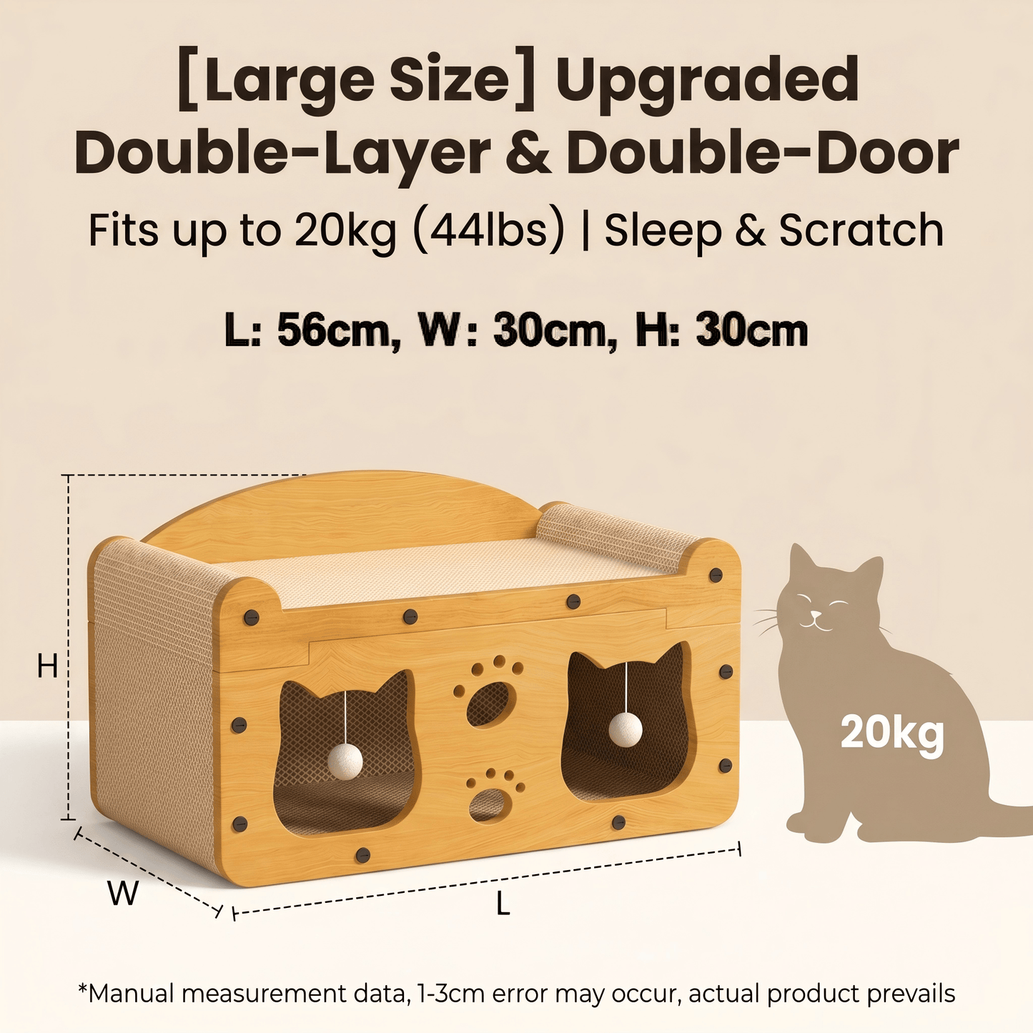 Multi-Style Double-Layer Cat Scratcher House, 2-Tier Large Cat Villa Bed With Corrugated Cardboard, Interactive Hanging Balls & Ergonomic Neck Support, Furniture-Saving Hideaway Cave For Indoor Cats