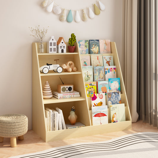 Kids Bookshelf And Toy Storage Organizer, Multifunctional 4 Tier Wooden Kids Book Shelf With  Bookcase Display Stand In Kids Room Playroom Nursery For Kids, Children, Toddlers Natural