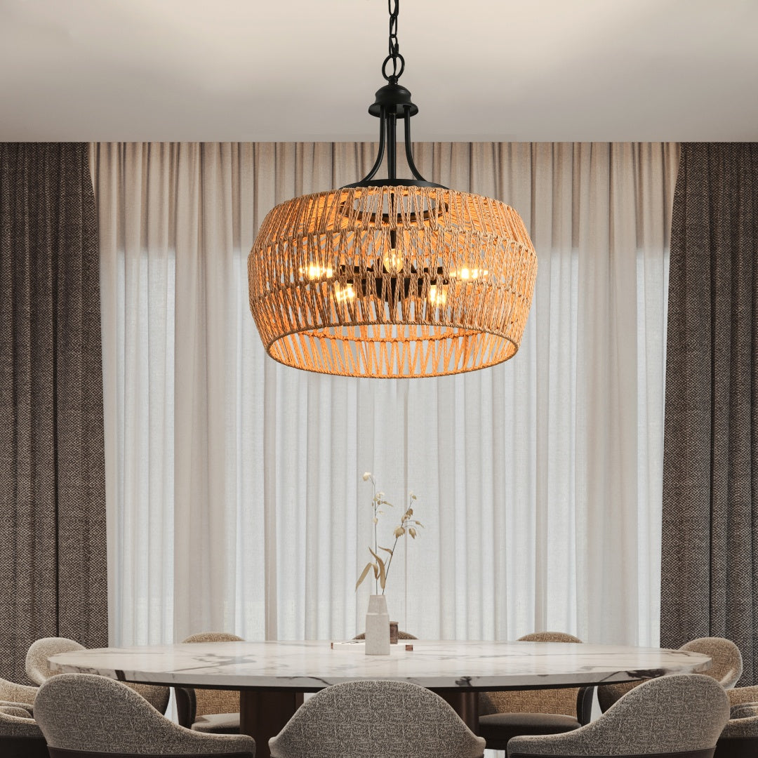 19  Boho Hemp Rope Pendant Light, Hand-Woven Jute Hanging Lamp With Adjustable Chain, Natural Rope Shade Ceiling Light Fixture For Kitchen Island, Dining Room, Or Entryway   Bulb Not Included