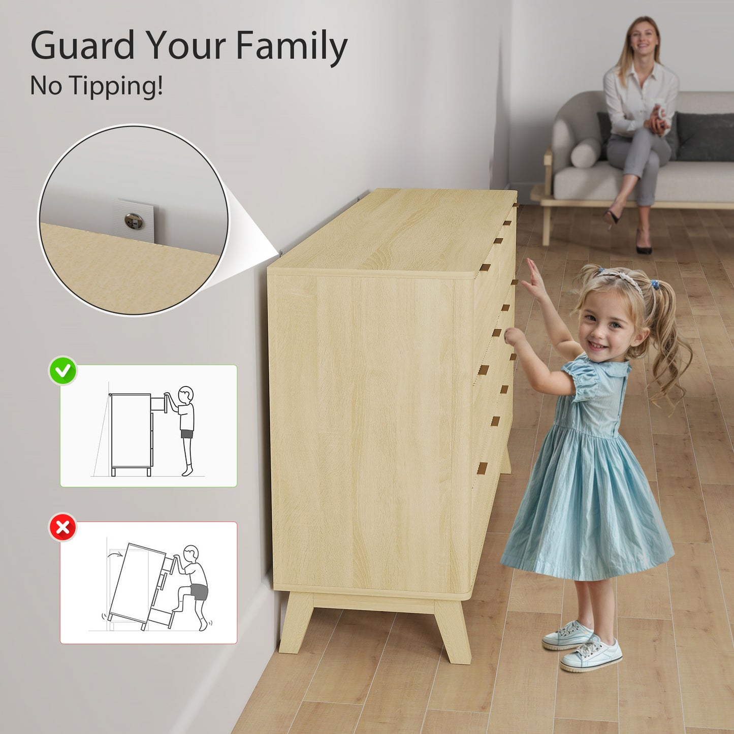6 Drawer Double Dresser For Bedroom, Fluted Chest Of Drawers With Gold Finger Pulls And 5 Wood Legs, Natural Wood