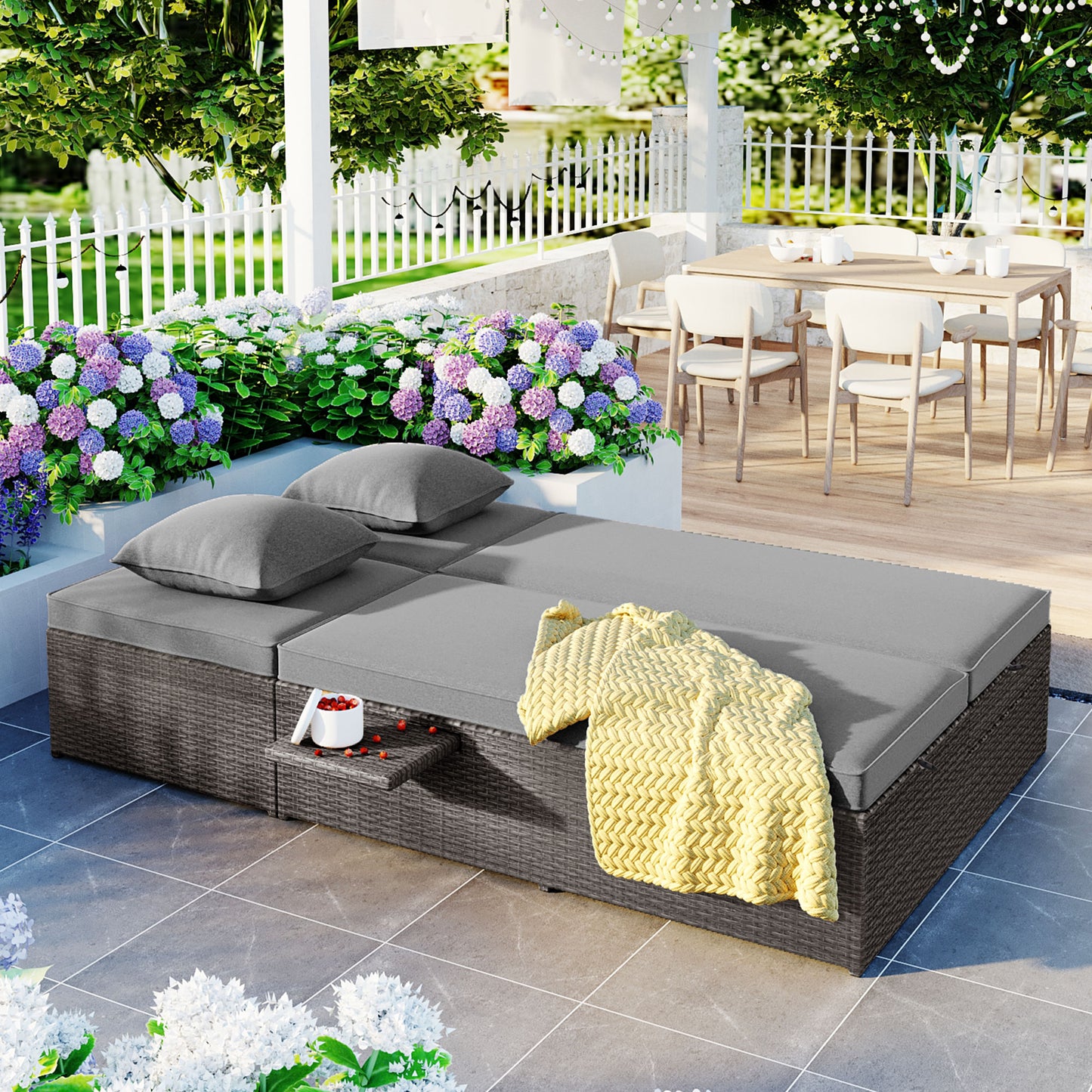 TOPMAX Outdoor Double Sunbed, Wicker Rattan Patio Reclining Chairs With Adjustable Backrest And Seat, Conversational Set For 2 Person, Gray