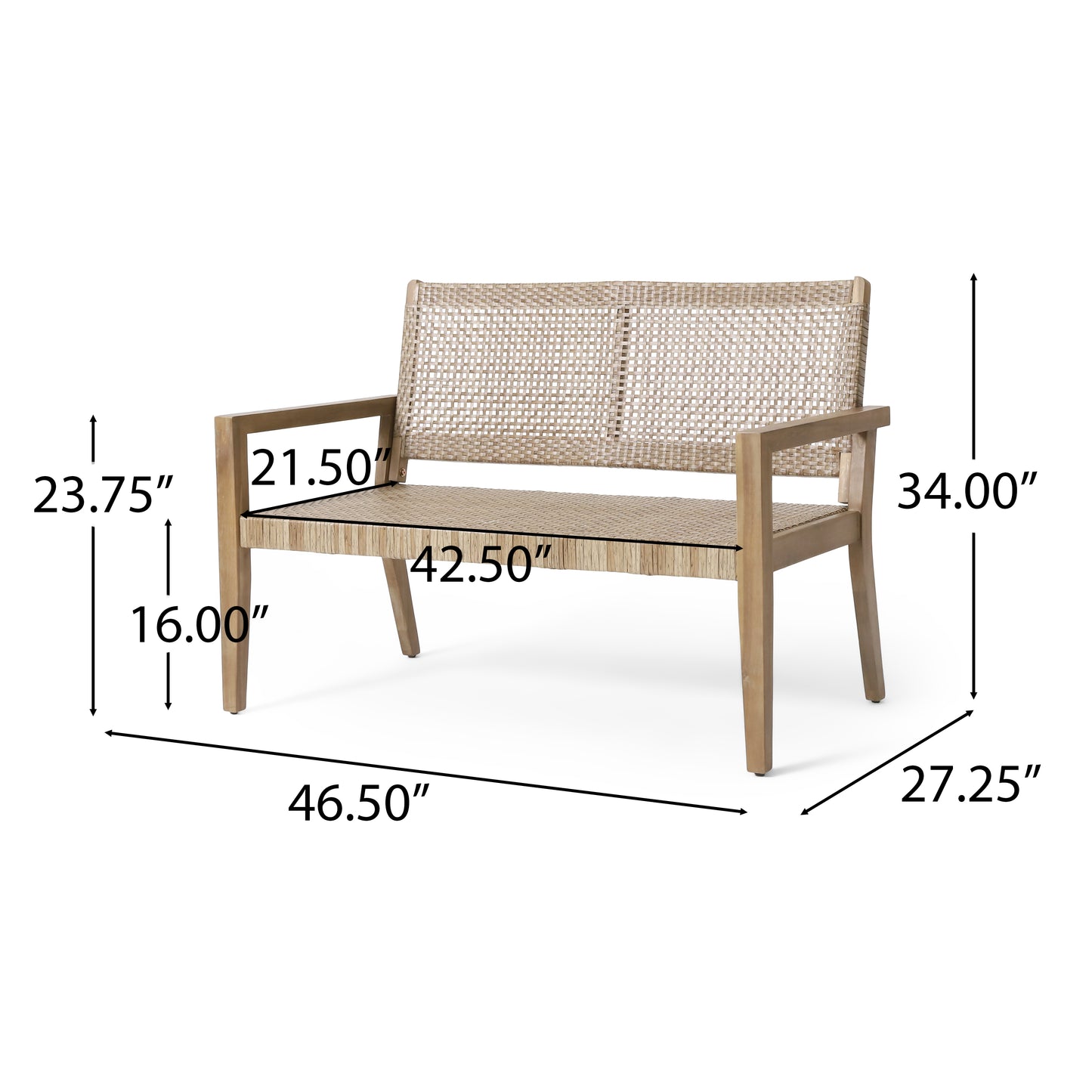 Outdoor Wicker And Acacia Wood Loveseat, Light Multibrown And Light Brown, 34 H X 46.5 W X 27.25 D