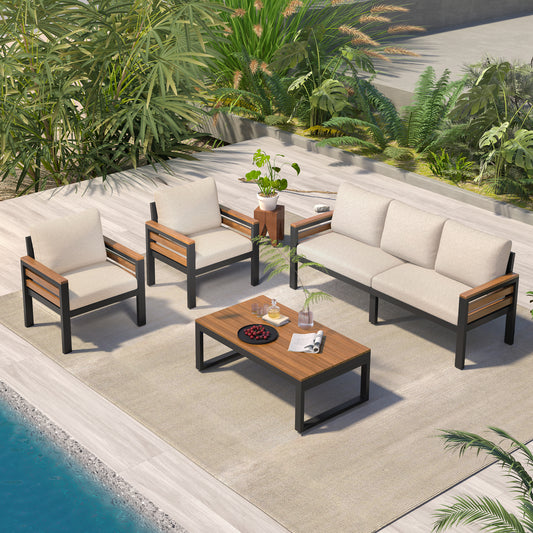 GO 4-Piece Outdoor Furniture Sofa Set For 5 People With Acacia Wood Armrests, Patio Conversation Set With Removable Cushion And Solid Wood Coffee Table For Garden,Beige