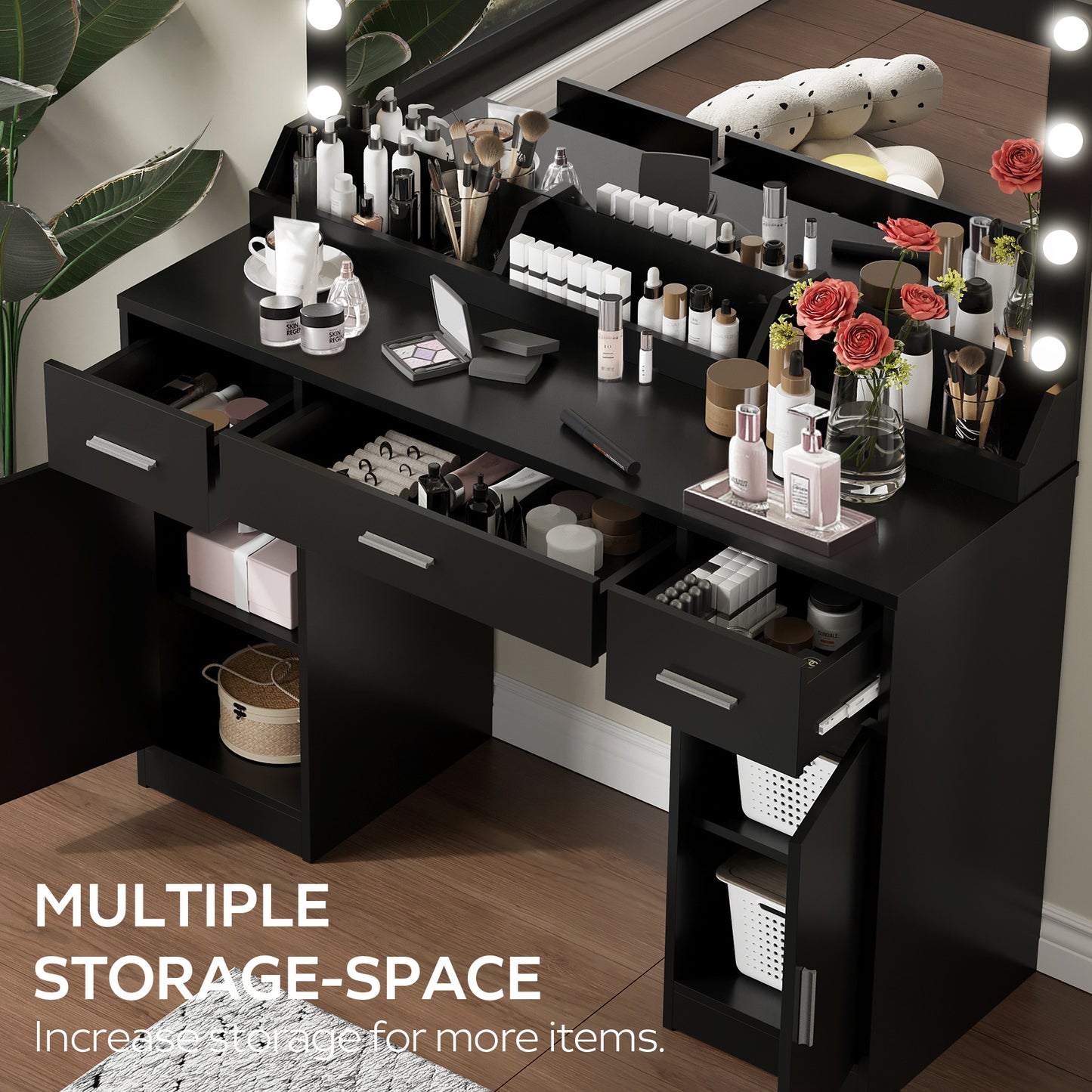 47.2 Vanity Desk With Large Mirror, 3 Colour Lighting Modes, Adjustable Brightness, Dresser With 3 Drawers & 2 Vertical Cabinets, Makeup Vanity Table For Women &  Girls  Black