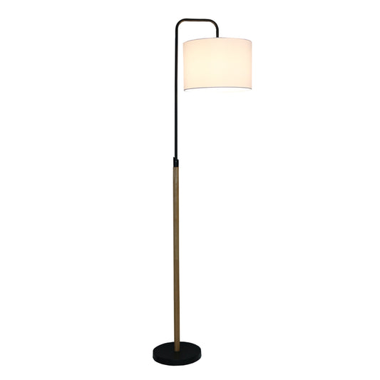 Floor Lamp With Cylinder Shade, Curved Standing Light For Living Room, Bedroom Reading Corner & Office Illumination, Lior Floor Lamp Wooden Pole 110V