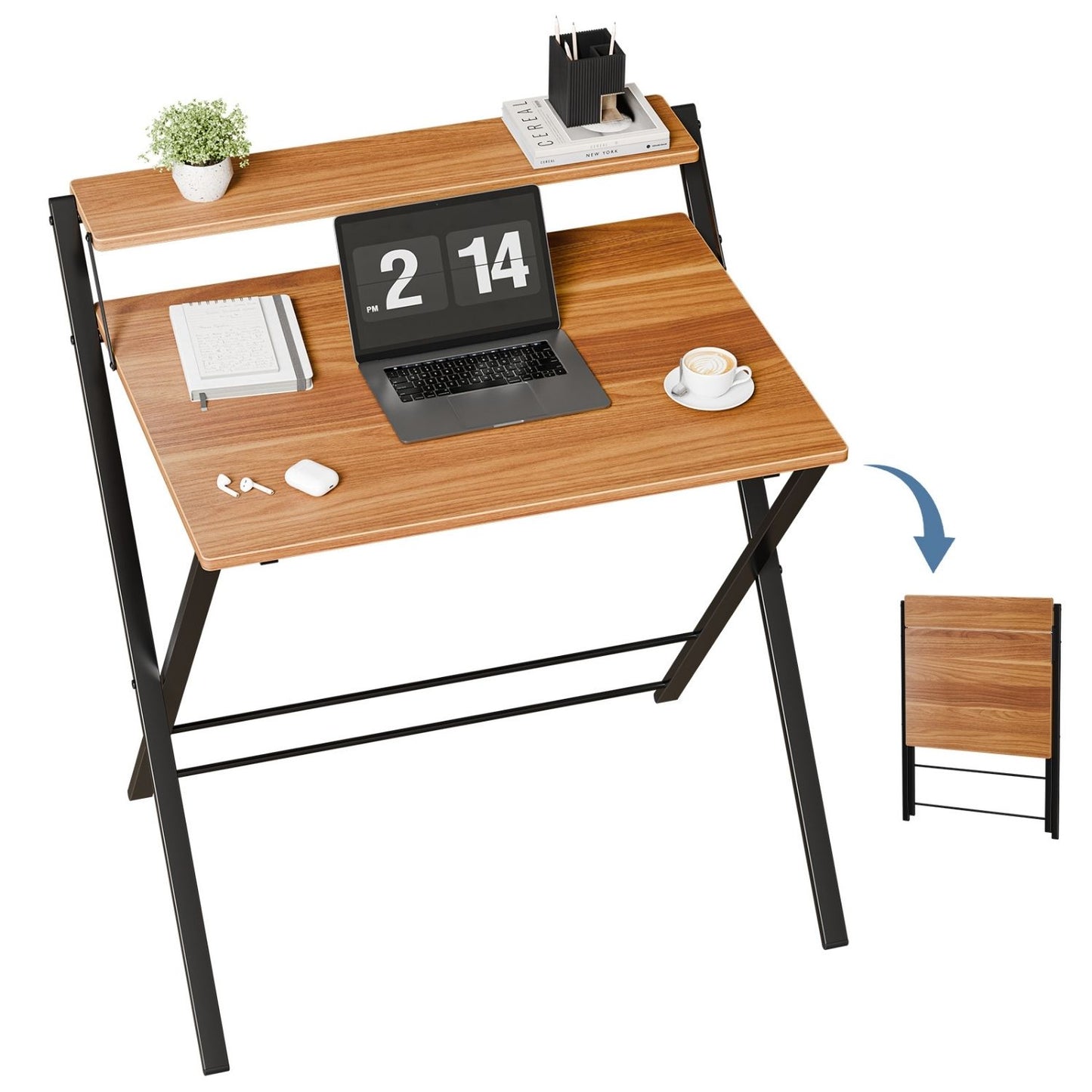 Small Folding Desk With Shelf, No Assembly Compact Computer Table, For Narrow Spaces, Portable Study Workspace For Bedroom And Office