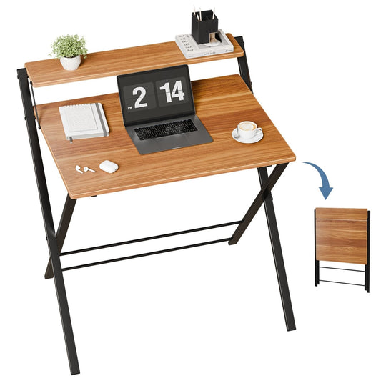Small Folding Desk With Shelf, No Assembly Compact Computer Table, For Narrow Spaces, Portable Study Workspace For Bedroom And Office
