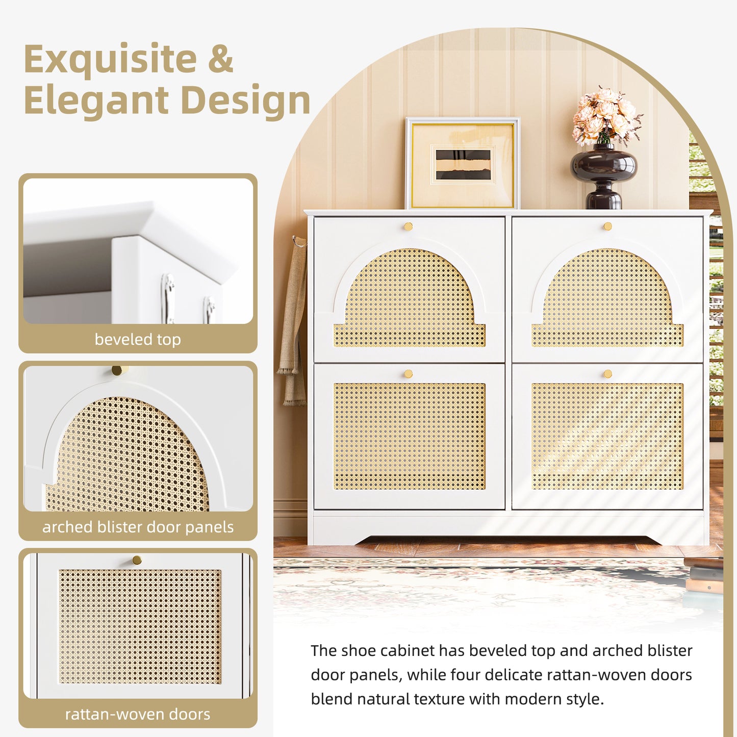 Mid-Century Narrow Design Tipping Bucket Shoe Cabinet With 4 Flip Drawers, Elegant Entryway Shoe Organizer With 4 Rattan Doors, Freestanding Shoe Rack With 2 Silvery Hooks For Hallway, White, 42.1 W