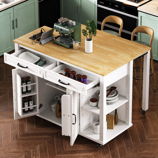 K&K 47 Inch Kitchen Island With Extendable Dining Table, Rubber Wood Veneer Kitchen Table With Internal Storage Rack, Power Outlet, Kitchen Island With Storage 2 Drawers 2 Cabinet,White