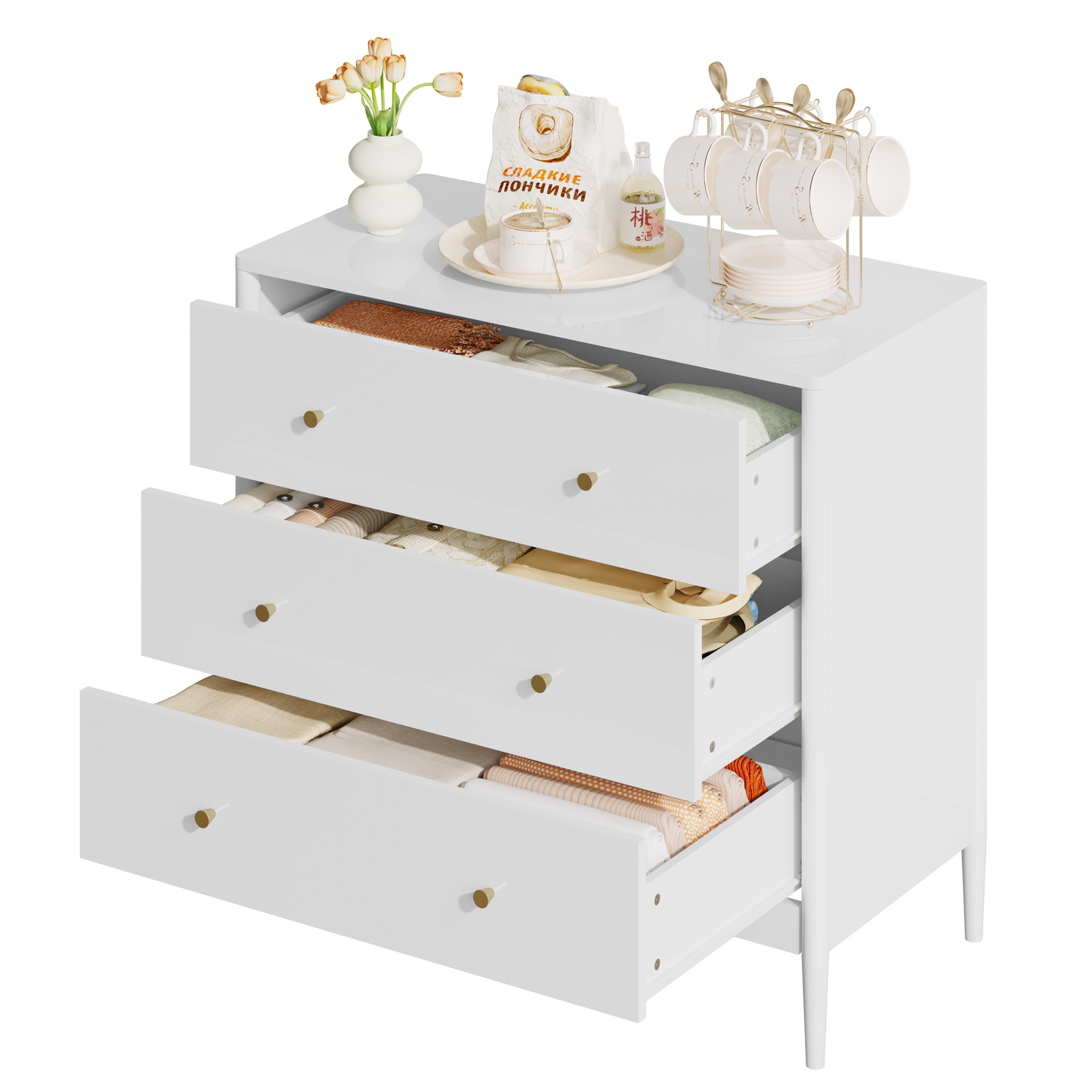 3 Drawer Dresser Chest, Modern White Storage Cabinet, MDF Wood Organizer For Bedroom, Living Room, Entryway, Small Space Furniture