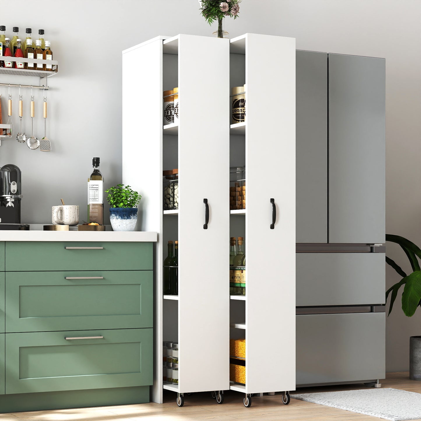 Bookcase With Two Pulled Out Doors Shelving Cabinet,4 Tier Floor Standing Bookcase,Slide Out Storage Bookcase File Cabinet,Office Bedroom Living Room Hidden Storage Cabinet With Wheels