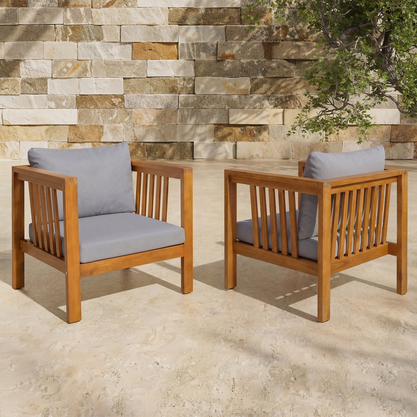 Set Of 2 Outdoor Acacia Wood Club Chairs With Modern Square Arms, 2-Piece Patio Conversation Set With Thick Cushions, Adjustable Leveling Feet For Poolside,  Deck, Grey Cushions