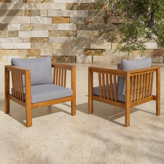 Set Of 2 Outdoor Acacia Wood Club Chairs With Modern Square Arms, 2-Piece Patio Conversation Set With Thick Cushions, Adjustable Leveling Feet For Poolside,  Deck, Grey Cushions