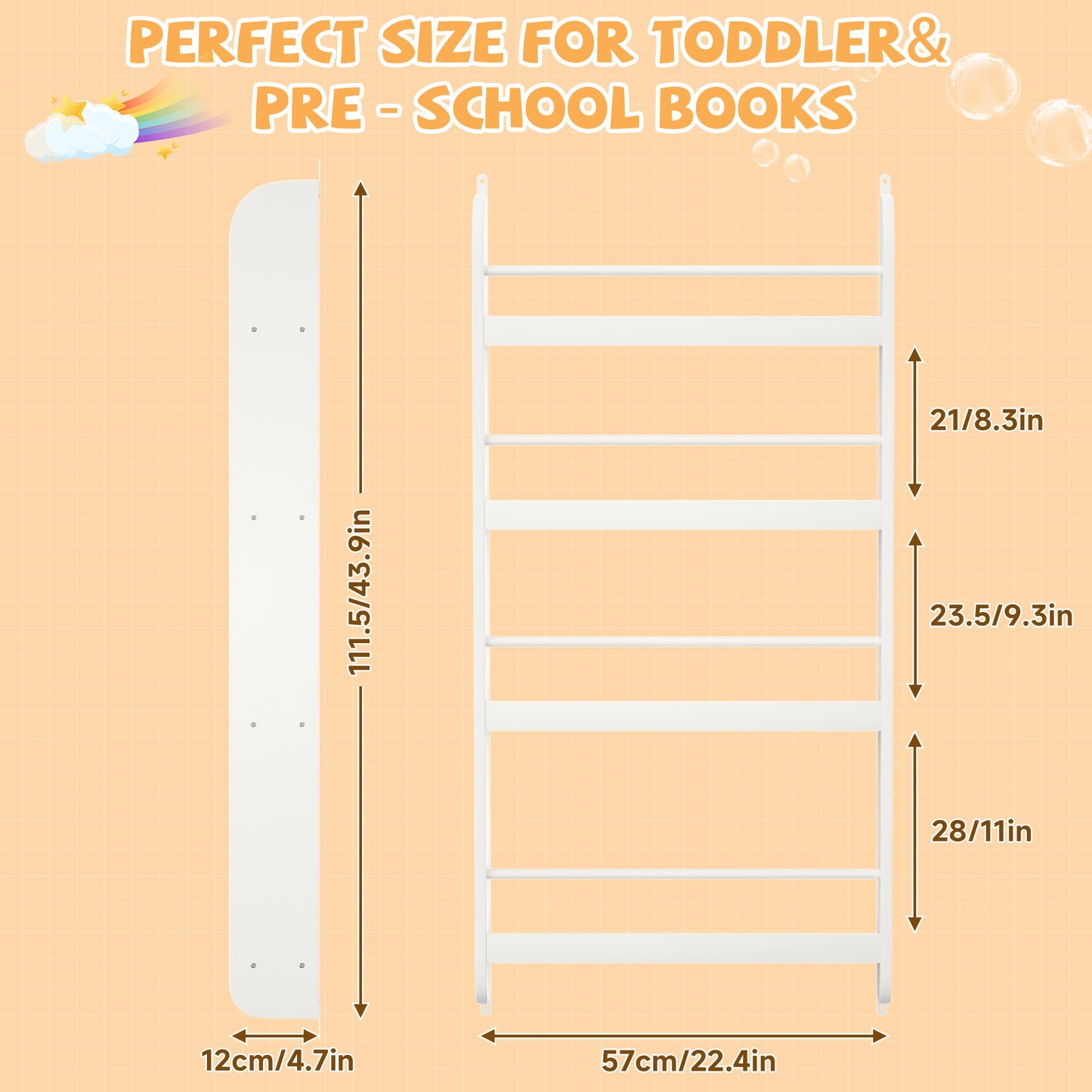 4-Tier Kids Bookshelf, Wall Mounted Kids Bookcases Organizer For Toys And Books