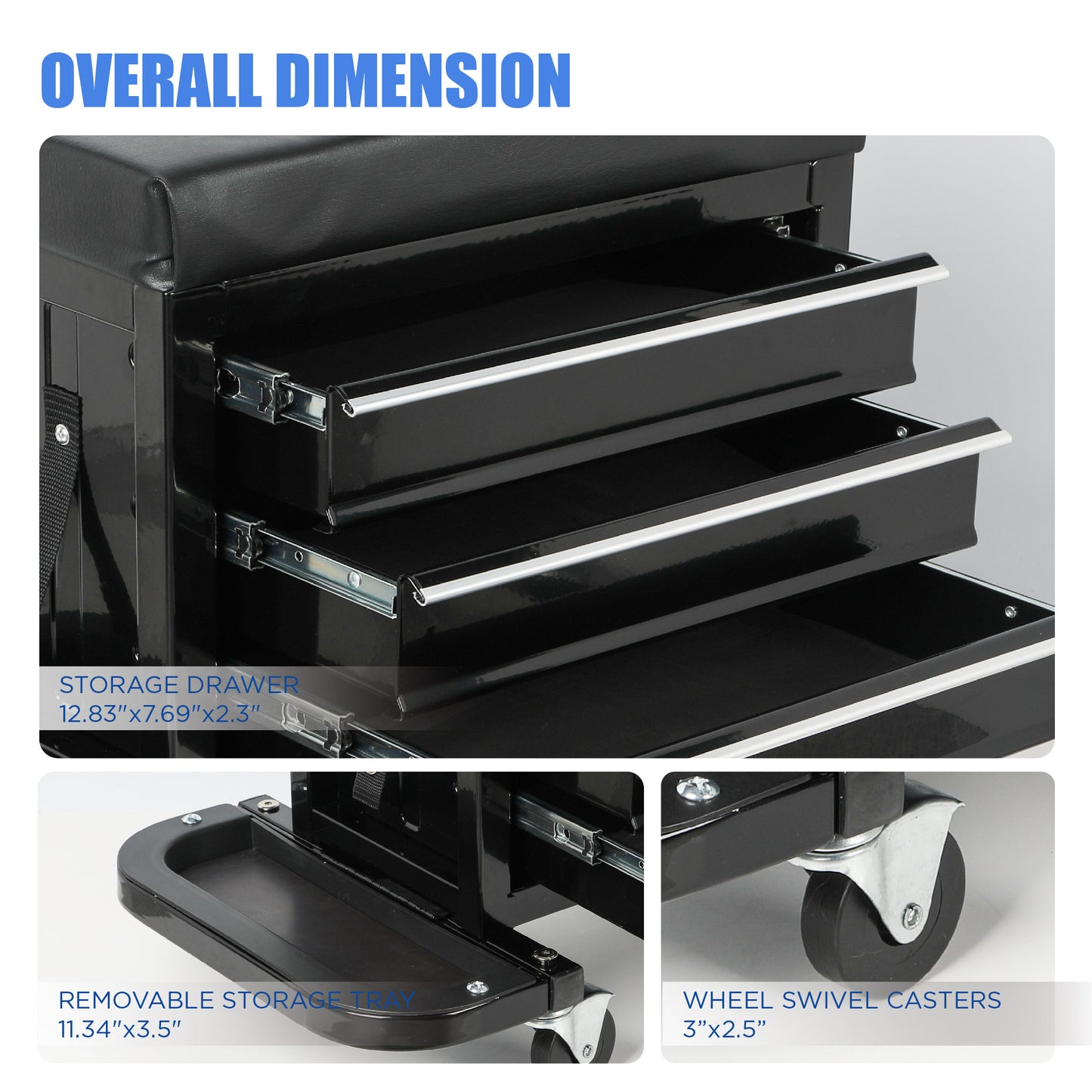 3-Drawer Tool Chest Rolling Mechanic Seat With Tool Trays,350lbs Max Weight Capacity,Black