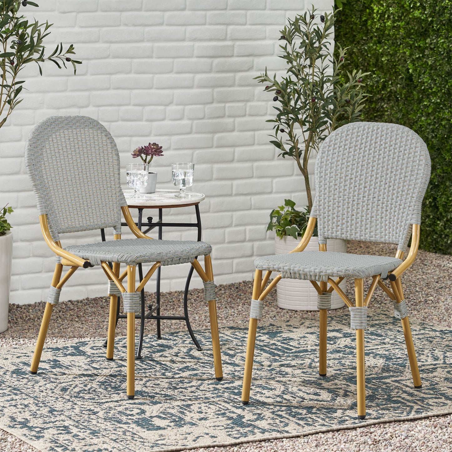 Outdoor PE Rattan And Aluminum Armless French Bistro Chairs, Set Of 2, Gray And Bamboo Finish