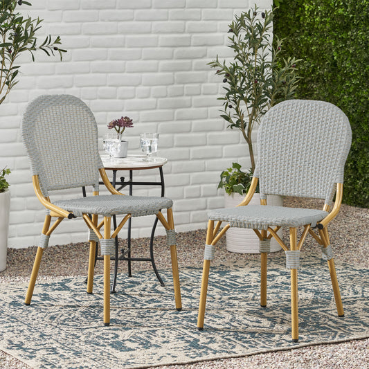 Outdoor PE Rattan And Aluminum Armless French Bistro Chairs, Set Of 2, Gray And Bamboo Finish
