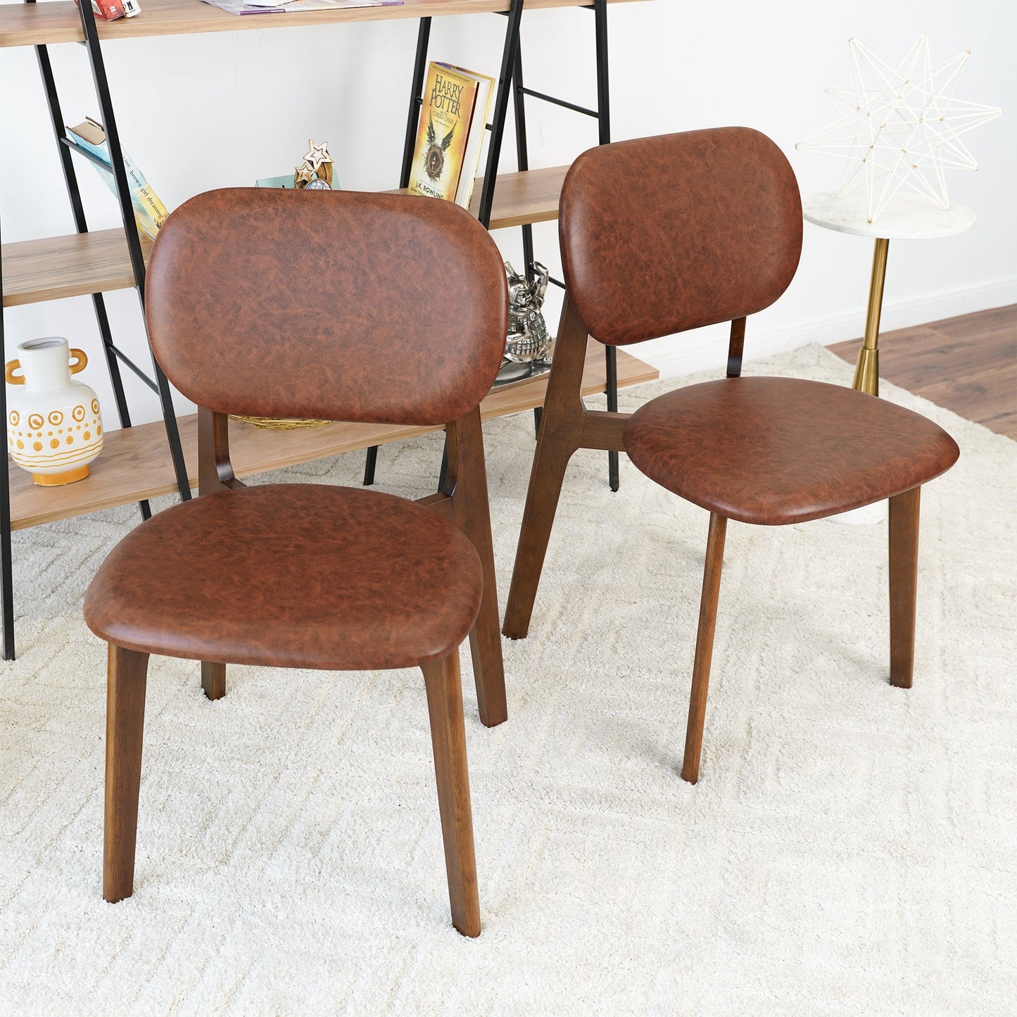 Hot Sell Kelsey Brown Leather Dining Chair   Set Of 2   With Solid Wood Base And Mid-Century Modern Design 18.1  W X 21.1  D X 31.7  H For Living Room Bedroom Outdoor
