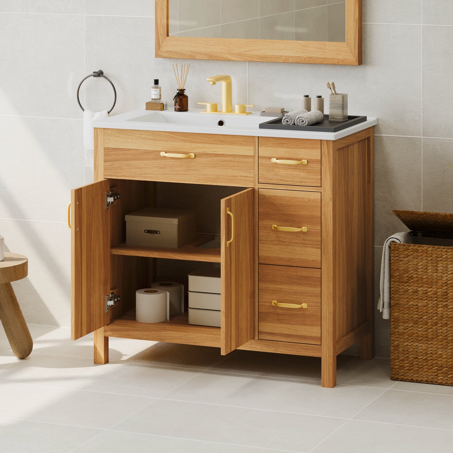 36  Wood Bathroom Vanity With Solid Wood Frame, 2 Soft Close Doors, 3 Soft Close Drawers, Adjustable Shelf, Modern Storage Cabinet For Small Bathrooms