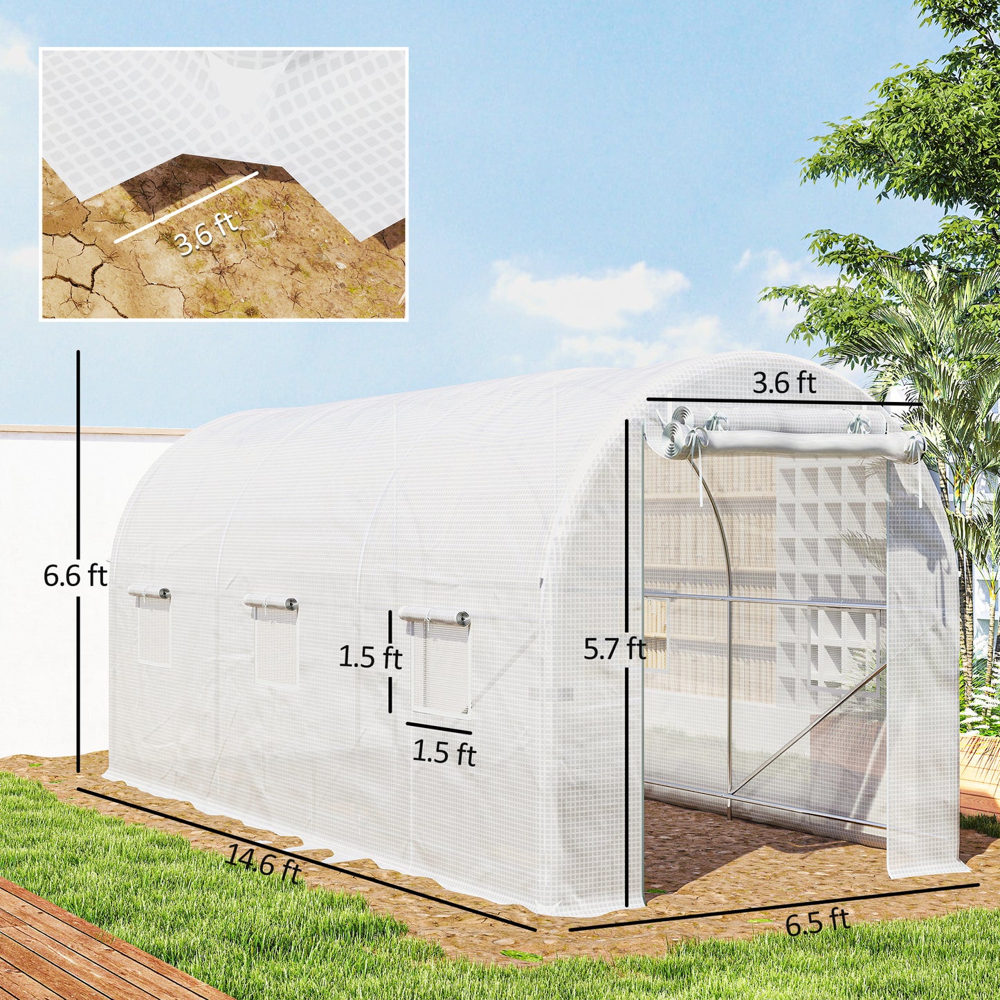 Hoop House Greenhouse, Walk-in Tunnel Greenhouse With 2 Support Rods, Zippered Roll-up Mesh Door, 14.6'x6.5'x6.6', White