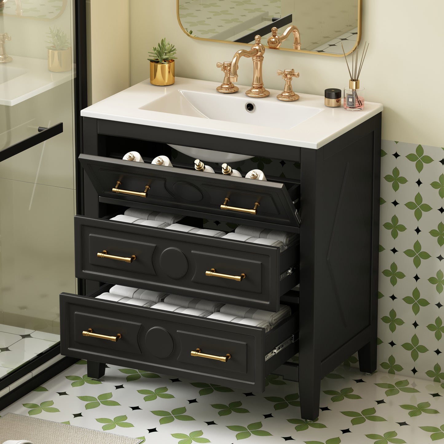 30   Bathroom Vanity With Ceramic Sink Combo, Free Standing Single Vanity Set With 3 Drawers, Solid Wood Frame Bathroom Storage Cabinet, Black