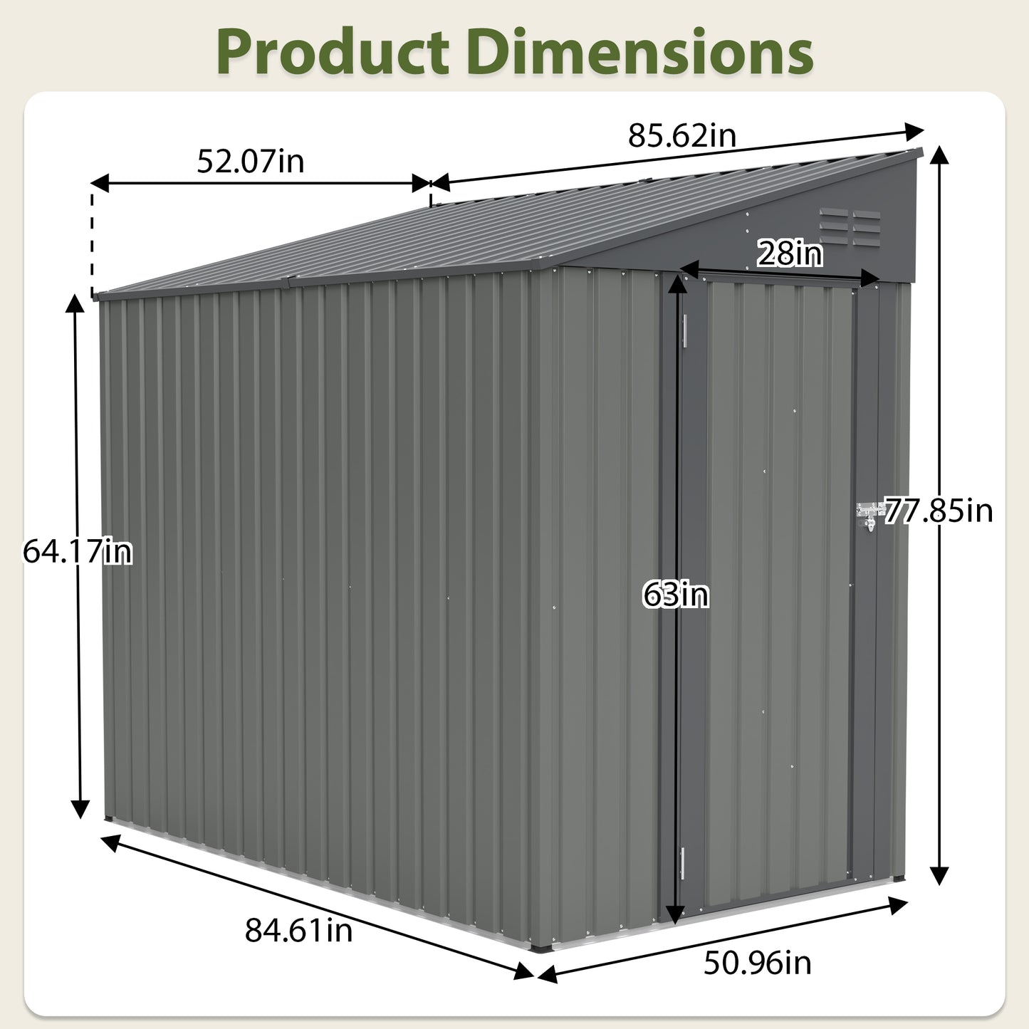 4x7 Foot Lean-To Shed In Olive Grey, Heavy-Duty Steel Outdoor Storage For Garden Tools & Bicycles, Maximize Your & Patio Space With All-Weather Protection
