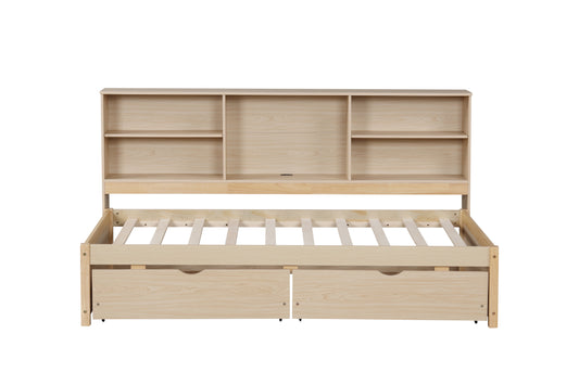 Twin Size Bed Frame With Side Bookshelves, Two Drawers, And Built-in USB Port For Natural Color