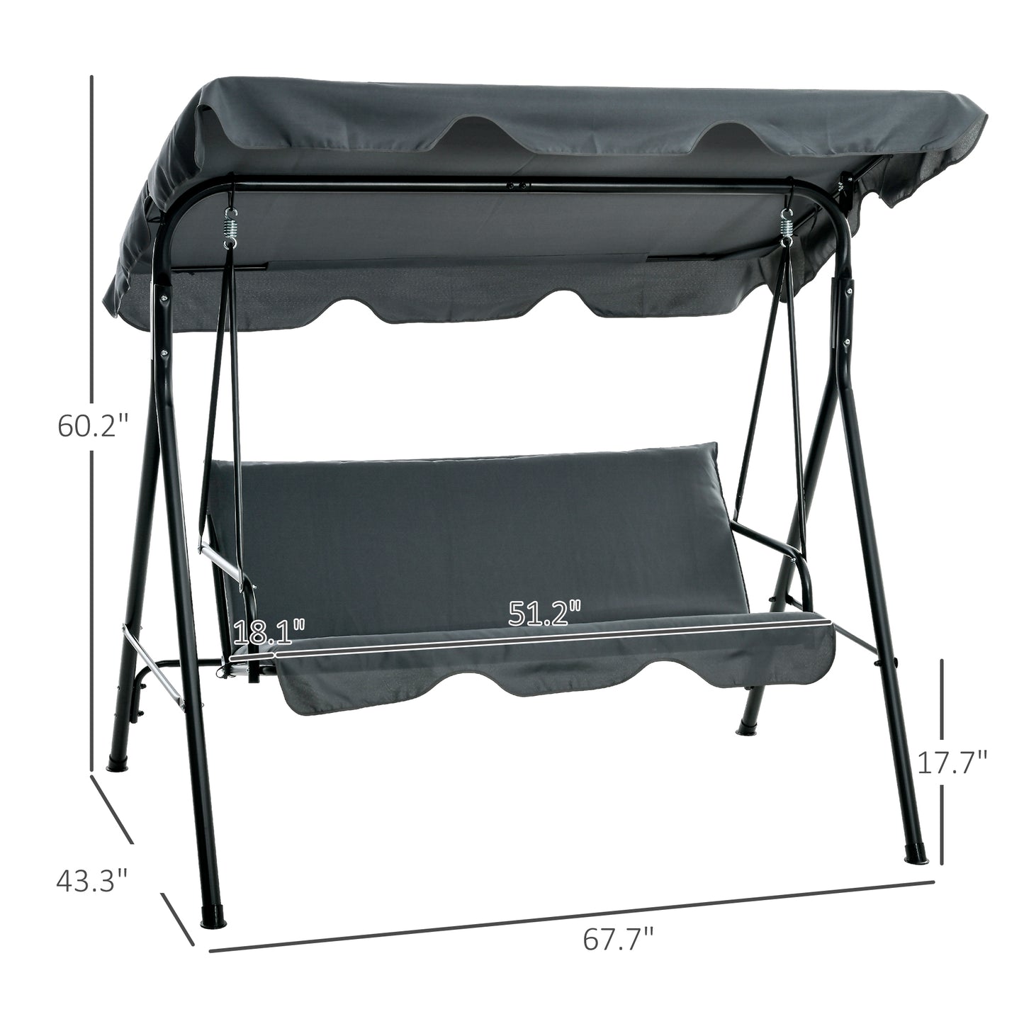 3-Seat Outdoor Patio Swing Chair W/ Cushion, Steel Frame Stand, Adjustable Tilt Canopy For Patio, Garden, Gray