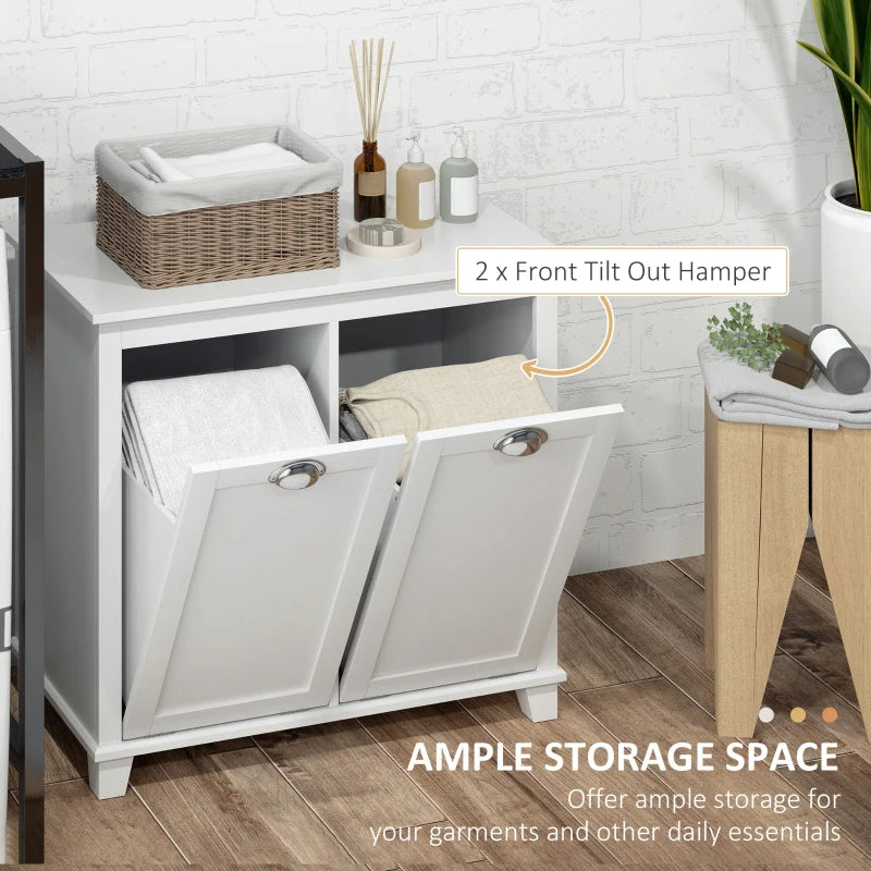 Dual Tilt Out Laundry Hamper Cabinet, Bathroom Storage Cabinet With 2-Compartment Hamper, Modern Bathroom Floor Cabinet For Washroom, White