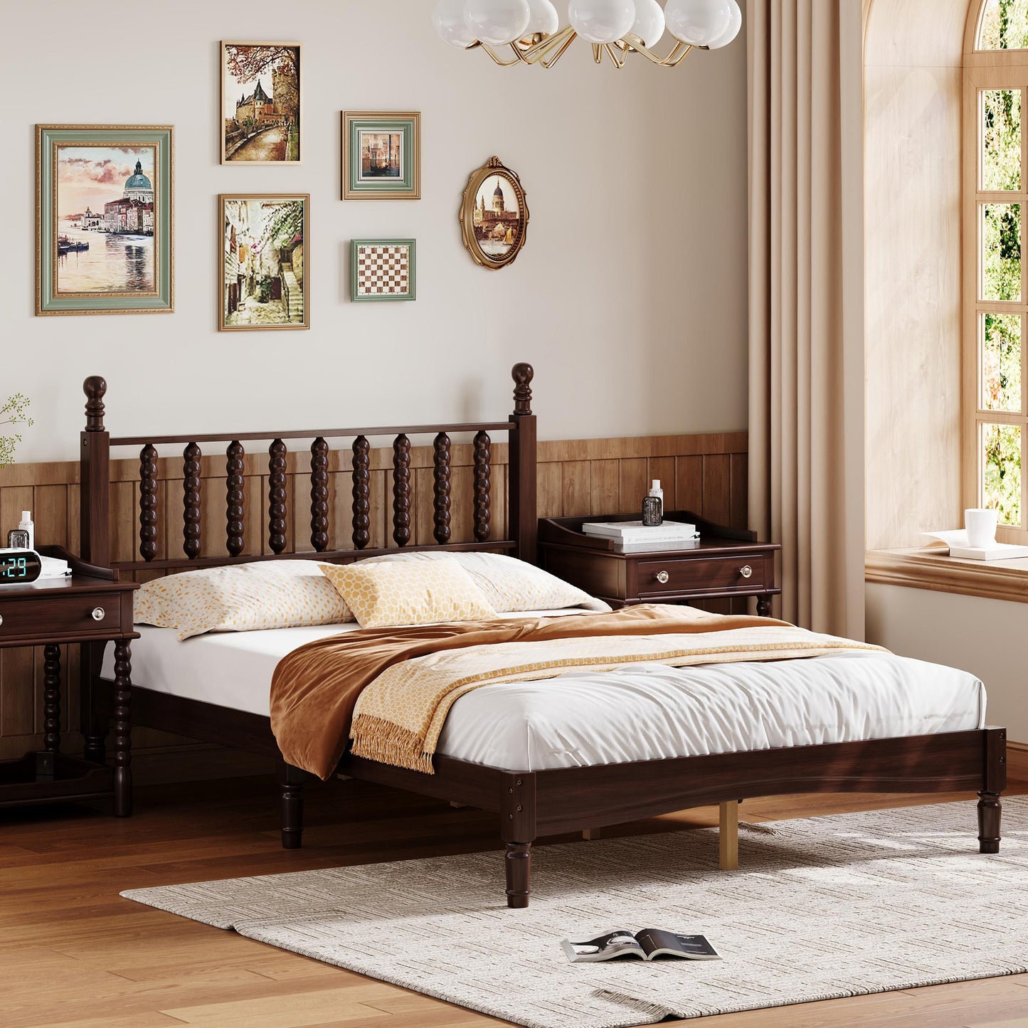 Full Size Wood Platform Bed With Gourd Shaped Headboard,Retro Style Platform Bed With Wooden Slat Support,Walnut