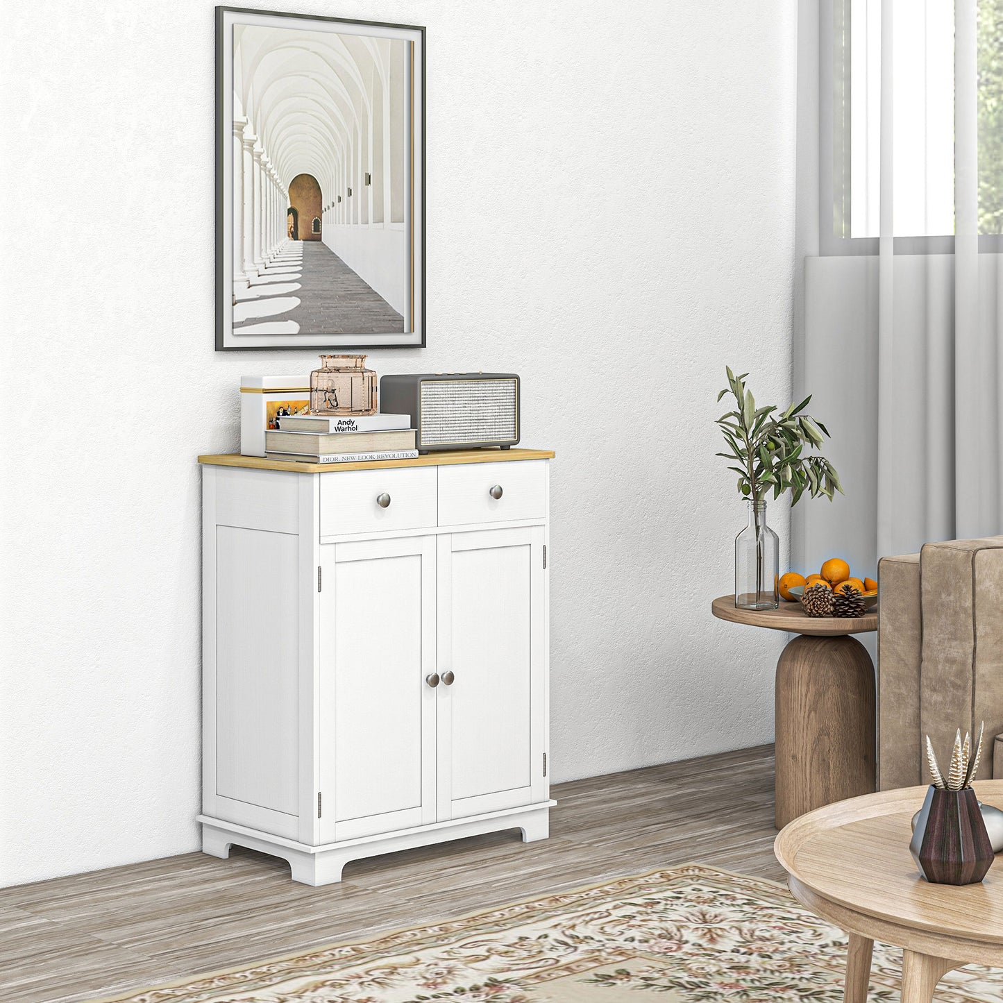 Kitchen Storage Cabinet, Sideboard Floor Cupboard With Solid Wood Top, Adjustable Shelf, And 2 Drawers, Distressed White
