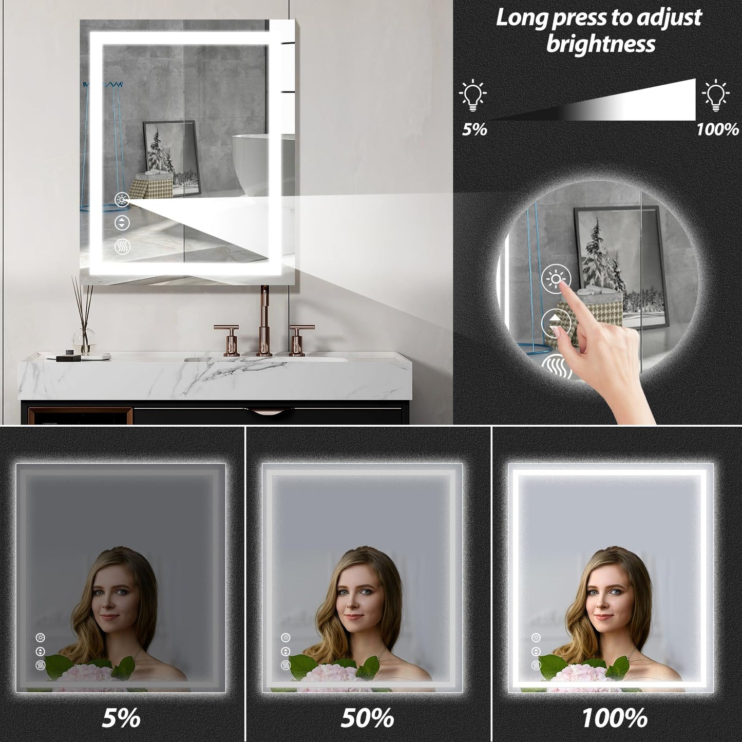 LED Bathroom Mirror 28 X 20 Inches With Front And Backlit,Anti-Fog,3 Colors And Dimmable Light,Tempered Glass